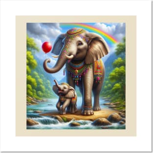 Happy mom Elephant with her baby colorful painting Posters and Art